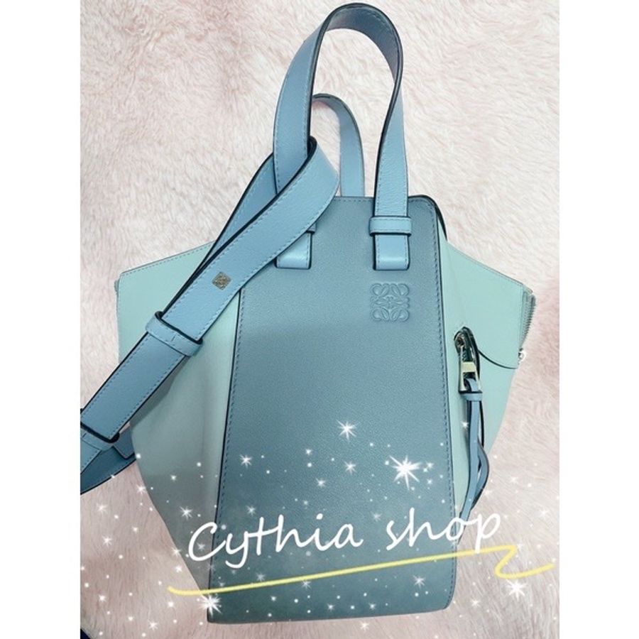 專櫃購入Loewe hammock small bag中號湖水藍色拼色吊床包-0