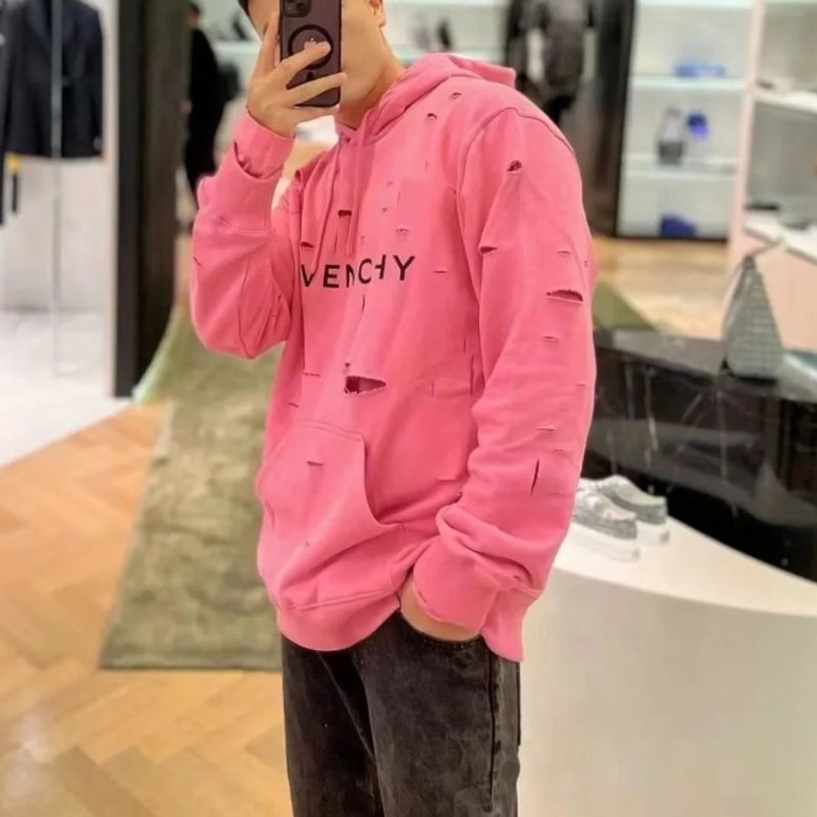 Givenchy 男款 Archetype 破洞效果連帽衛衣/上衣 亮粉色 M/XL-2