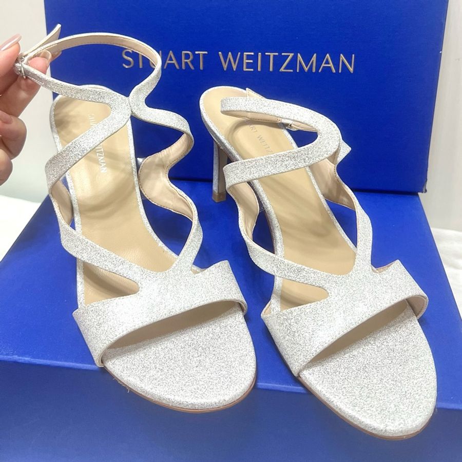 STUART WEITZMAN 品牌經典款 SW銀白色細閃亮片繫帶高跟涼鞋 ［全新］-0