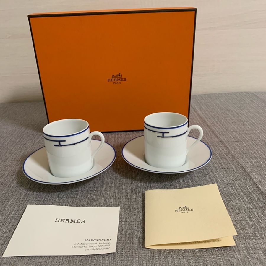 HERMÈS 濃縮咖啡杯組 藍H線條-0