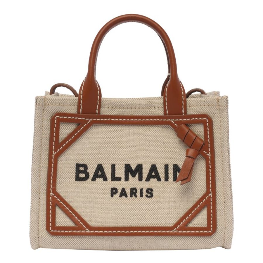 Balmain B-Army 皮革鑲嵌小款帆布購物包 棕色《2024季度新品》-3