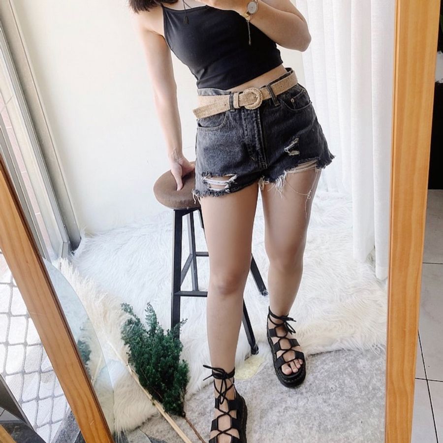 率性淺灰性格破壞抽鬚休閒少女經典丹寧牛仔短褲 pants vintage-1