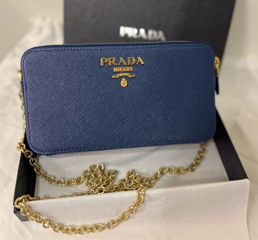 PRADA Saffiano皮革 雙層拉鍊 藍色 單肩袋 斜揹袋-2