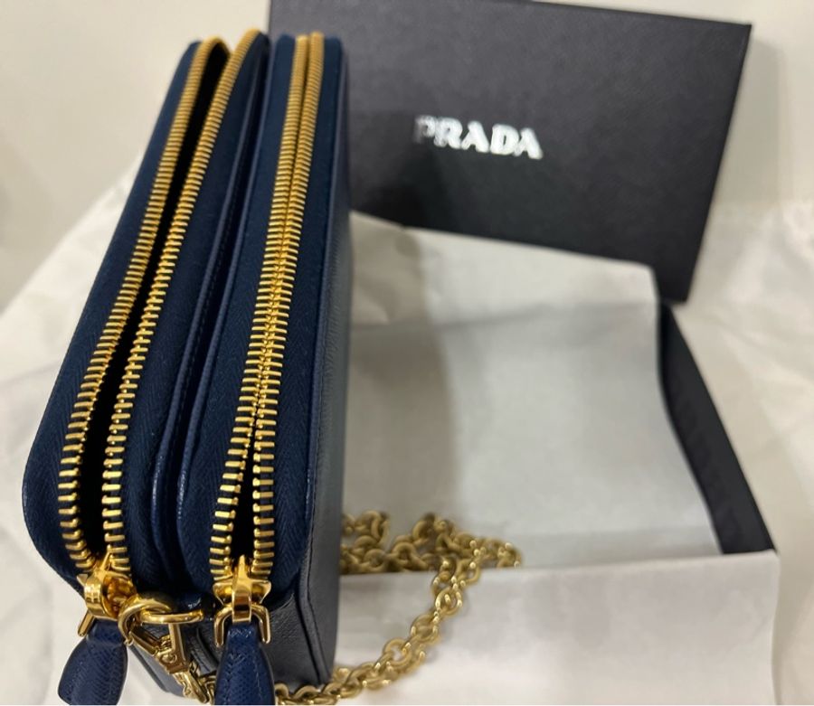 PRADA Saffiano皮革 雙層拉鍊 藍色 單肩袋 斜揹袋-5