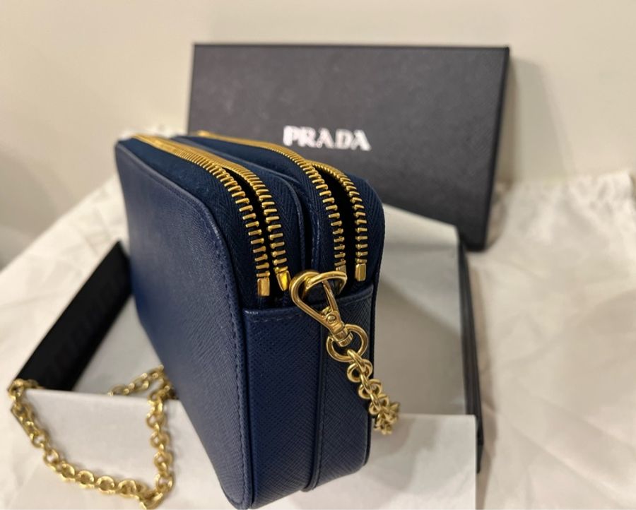 PRADA Saffiano皮革 雙層拉鍊 藍色 單肩袋 斜揹袋-6