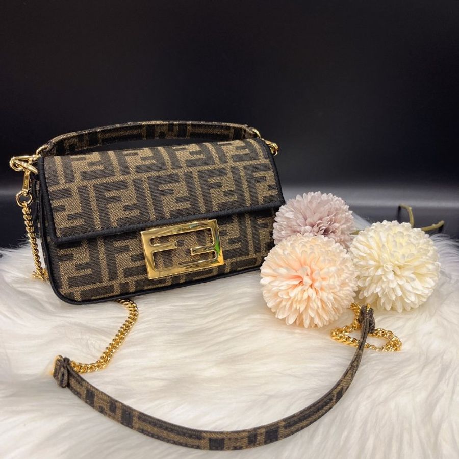 FENDI 芬迪 字紋緹花布金釦迷你二用包/法棍包/斜背包 /手提包/肩背包-0