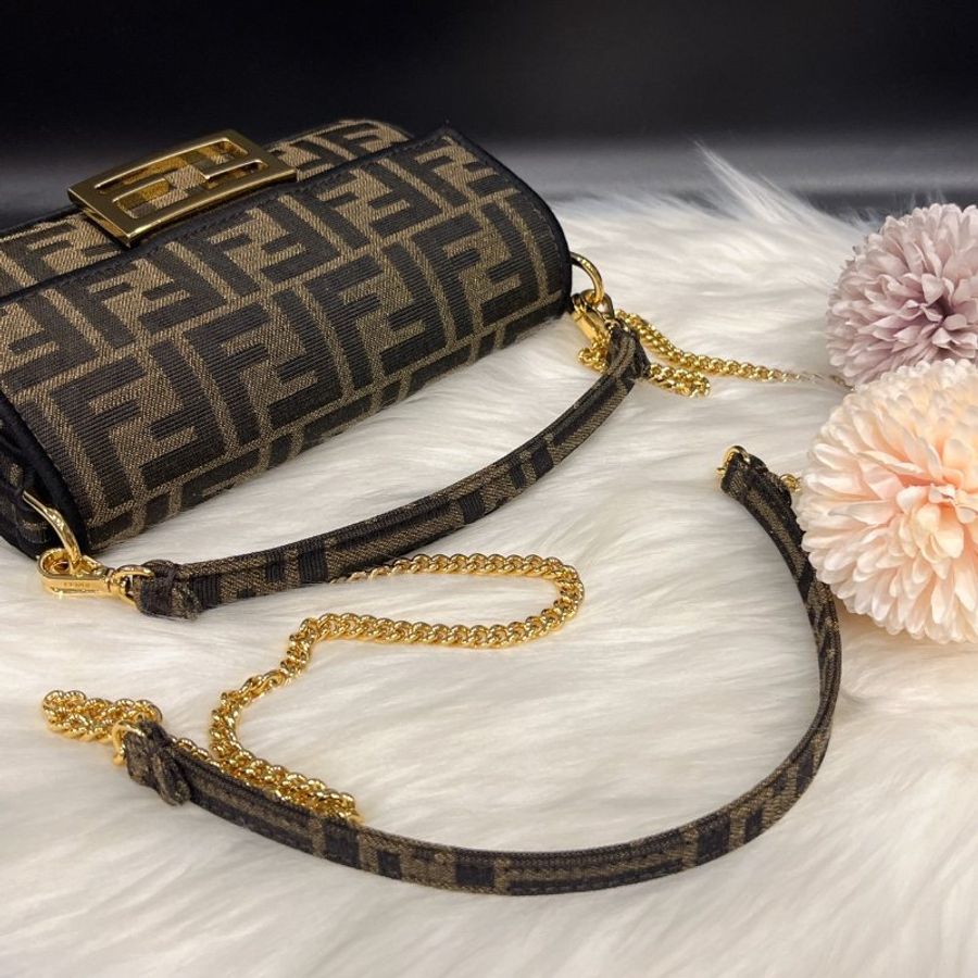 FENDI 芬迪 字紋緹花布金釦迷你二用包/法棍包/斜背包 /手提包/肩背包-7