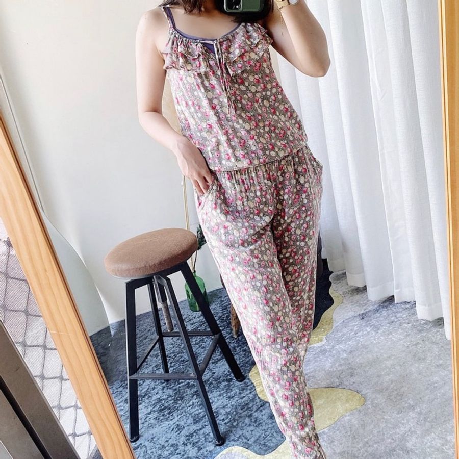 淺灰浪漫碎花綁繩戀愛細肩女孩 古著絲質連身褲吊帶褲 overalls-1