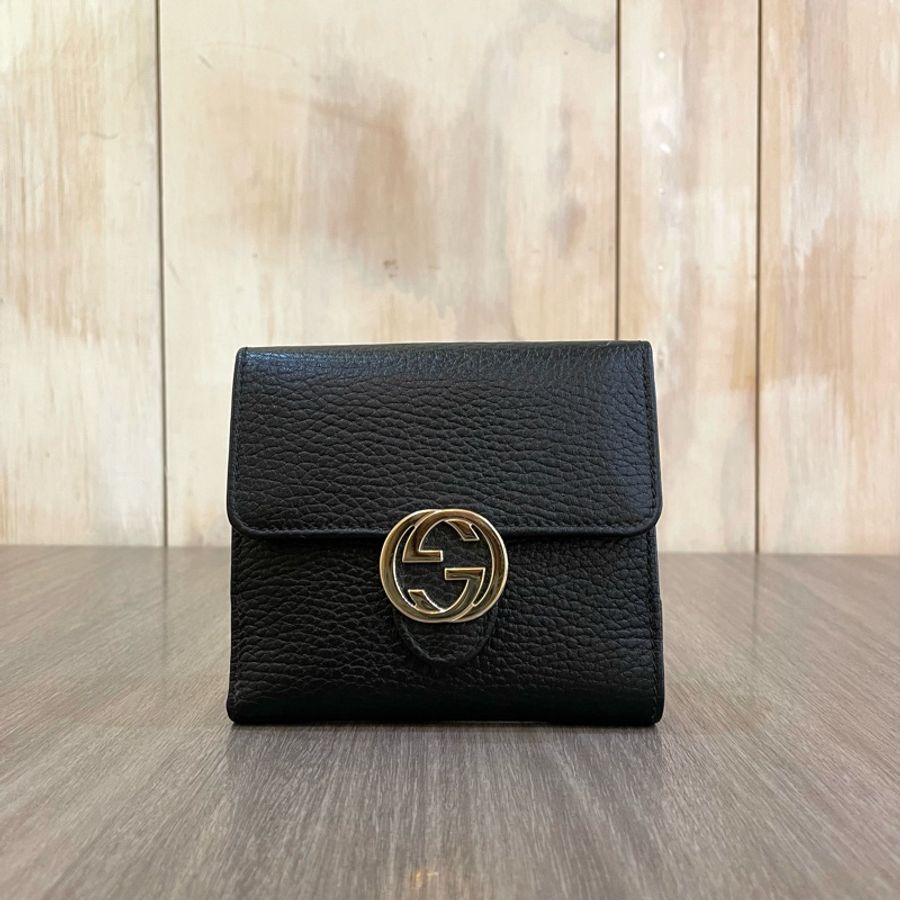 Gucci 615525 黑牛皮金屬雙G釦式短夾Interlocking G-0