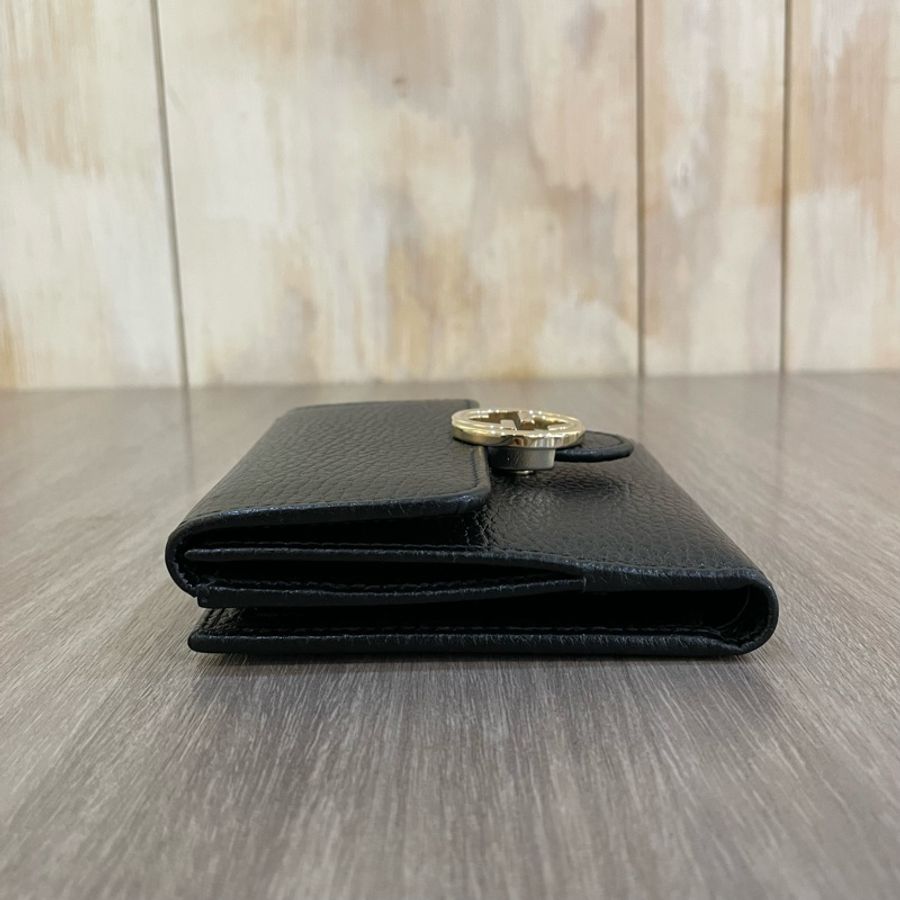 Gucci 615525 黑牛皮金屬雙G釦式短夾Interlocking G-2
