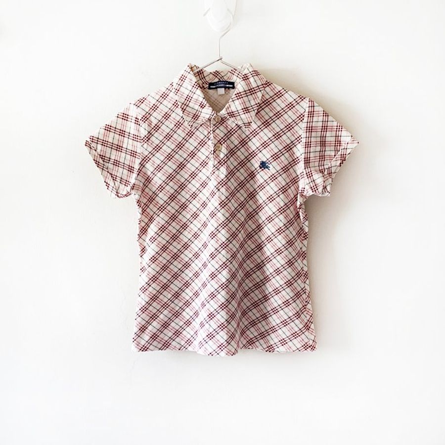 日本製 BURBERRY 藍標 經典小格紋短袖上衣 紅白色 95%棉 刺繡品牌LOGO POLO衫 休閒短T【壽司羊羊】二手衣-0