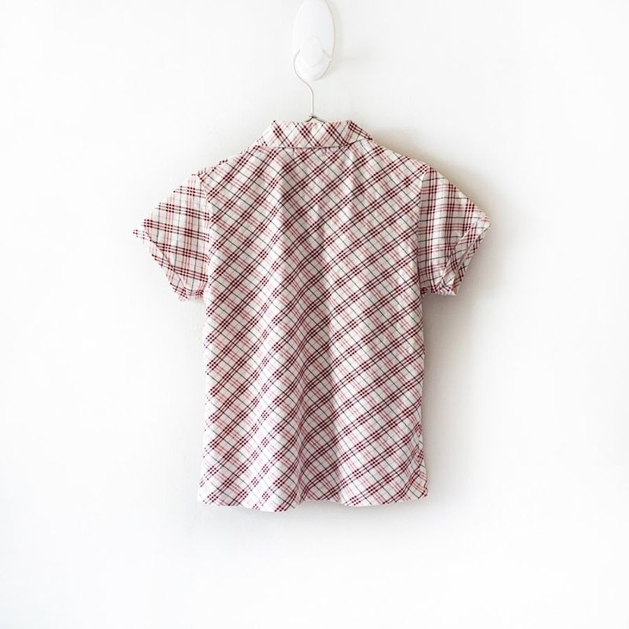 日本製 BURBERRY 藍標 經典小格紋短袖上衣 紅白色 95%棉 刺繡品牌LOGO POLO衫 休閒短T【壽司羊羊】二手衣-5