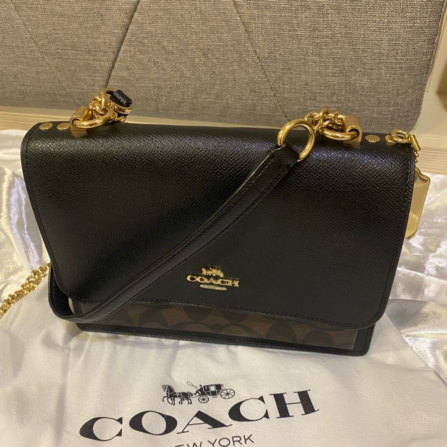 Coach 老花拼接黑色防刮皮金鍊包-7