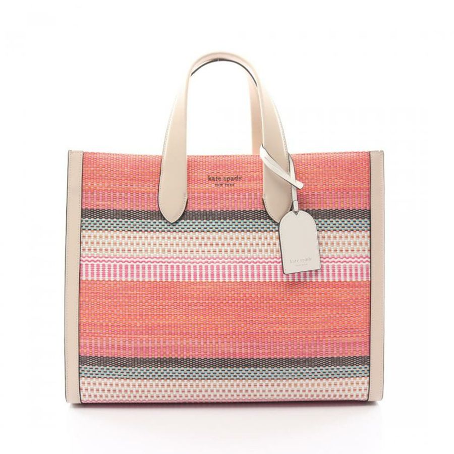 【日本直送】 中古kate spade[A]Manhattan Woven 條紋手提包 托特包 織物 真皮 粉紅色 米白色 多彩色-0