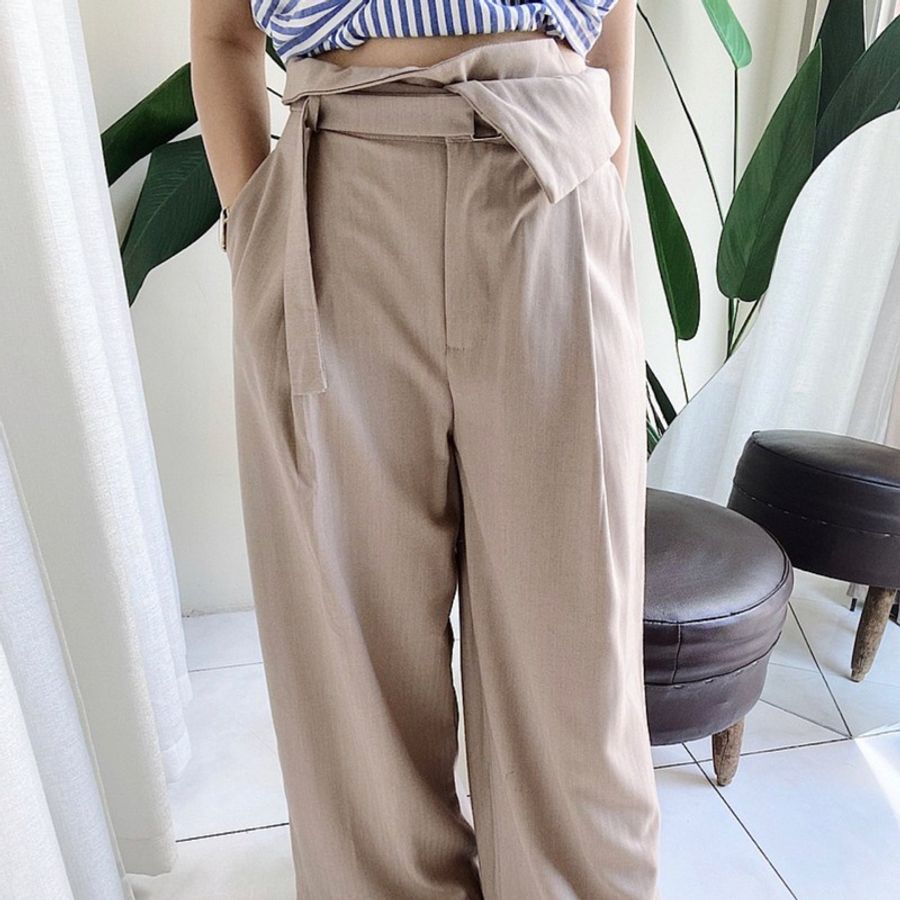 燕麥米色不對稱反翻腰軟柔日札 紡紗長褲 寬褲 pants vintage-3