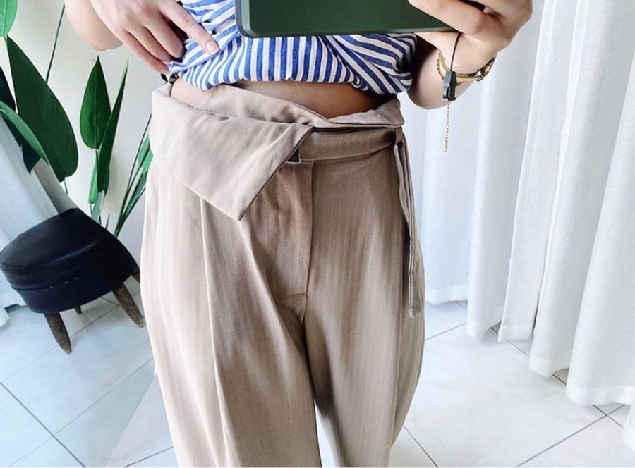 燕麥米色不對稱反翻腰軟柔日札 紡紗長褲 寬褲 pants vintage-5