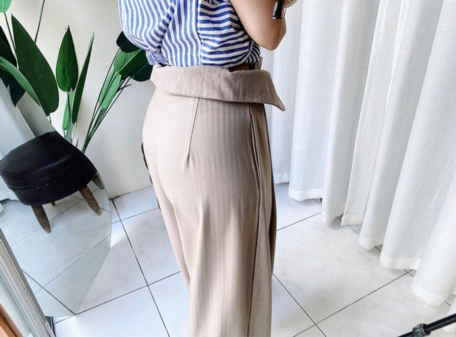 燕麥米色不對稱反翻腰軟柔日札 紡紗長褲 寬褲 pants vintage-6