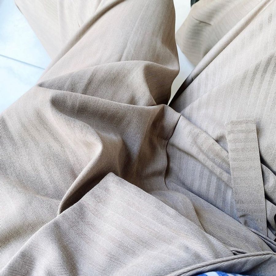 燕麥米色不對稱反翻腰軟柔日札 紡紗長褲 寬褲 pants vintage-7