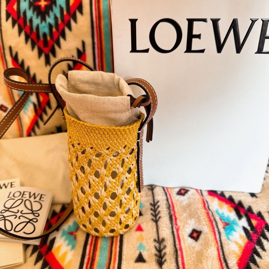 限時優惠Loewe Beige & Yellow Paula’s Ibiza Cylinder Pocket 迷你 水桶包 拉菲草 編織包 藤編包 小廢包-8