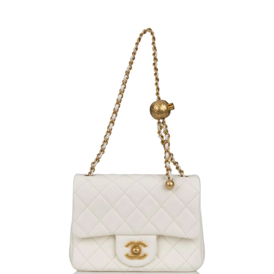 CHANEL 17cm 爆款白色金球方胖子#小金球鏈包#小羊皮、琺瑯-1
