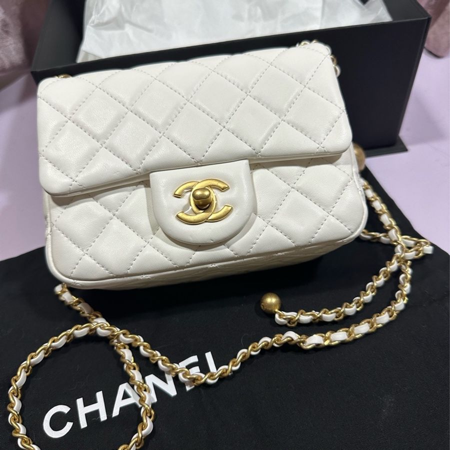 CHANEL 17cm 爆款白色金球方胖子#小金球鏈包#小羊皮、琺瑯-6
