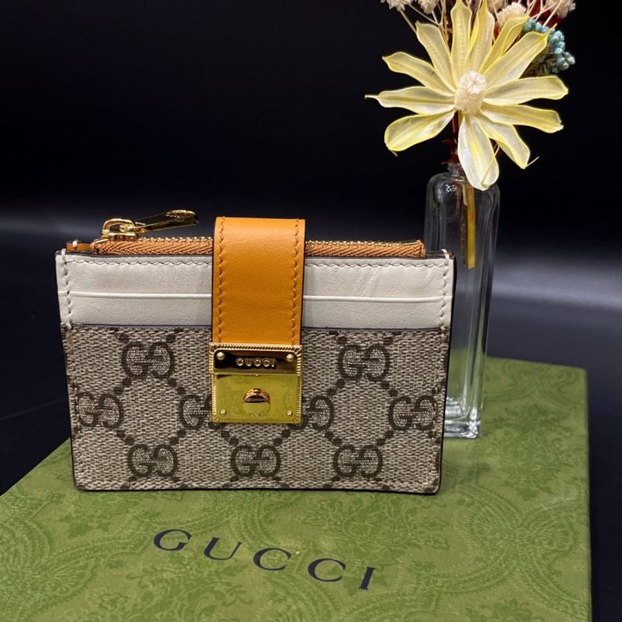 GUCCI 古馳 卡其咖拼皮革 金扣 卡片零錢夾/皮夾-0