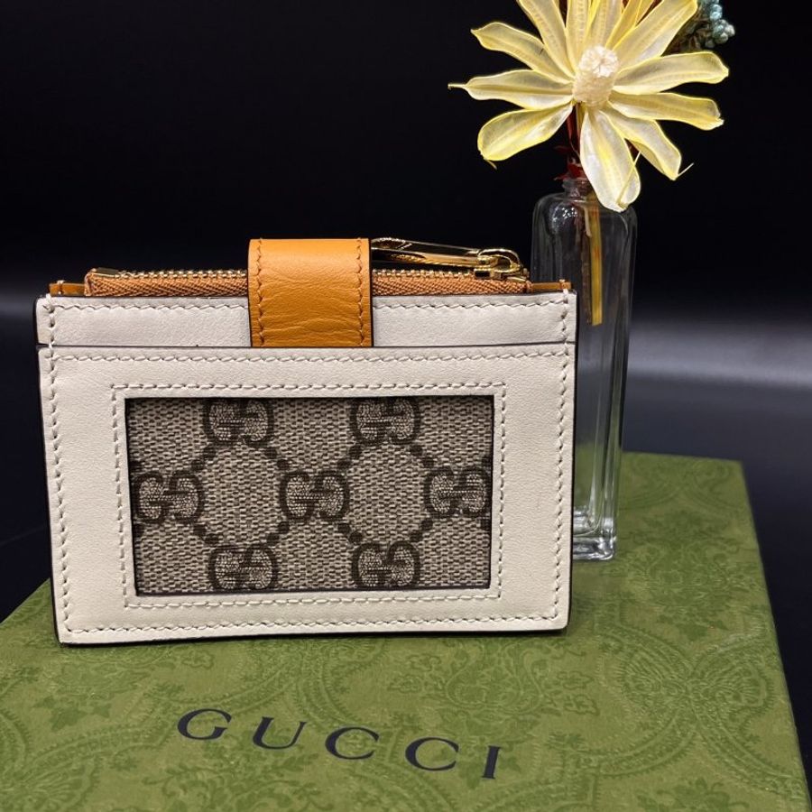 GUCCI 古馳 卡其咖拼皮革 金扣 卡片零錢夾/皮夾-1