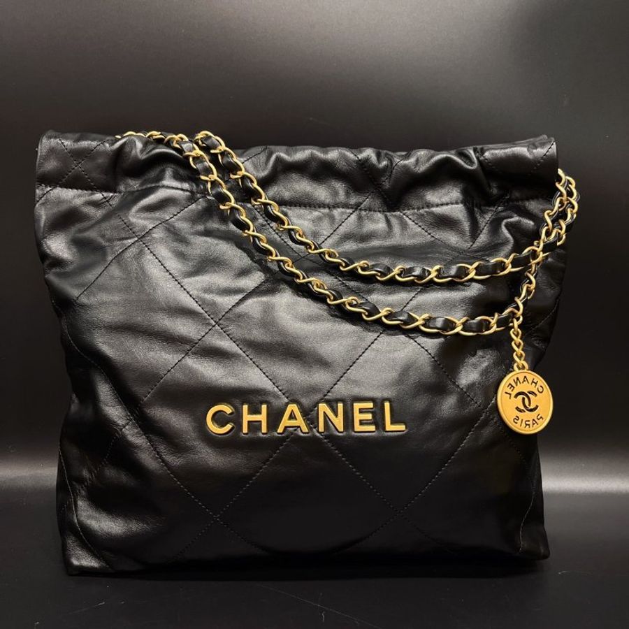 CHANEL 香奈兒 黑金 22BAG 牛皮 金鍊 小號肩背包/垃圾袋/購物包-0