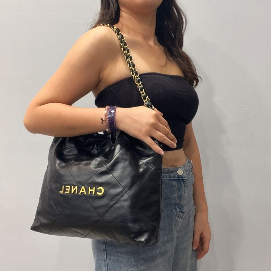 CHANEL 香奈兒 黑金 22BAG 牛皮 金鍊 小號肩背包/垃圾袋/購物包-11