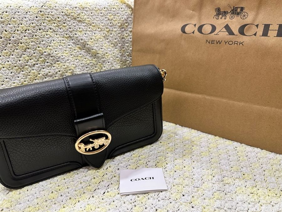 Coach 金色馬車LOGO 雙背帶手拿肩斜兩用酒神包 附原廠紙袋-0