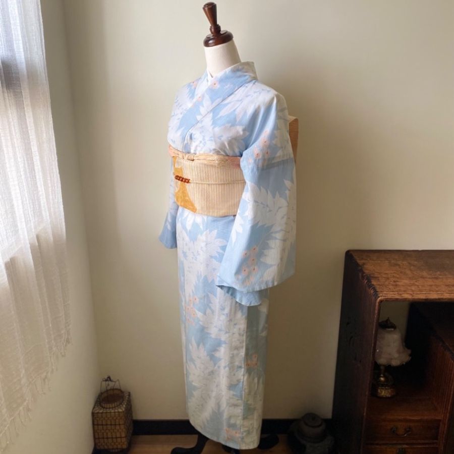 藏私·Collection_水色紫藤花棉絽古著小紋和服日本製-1