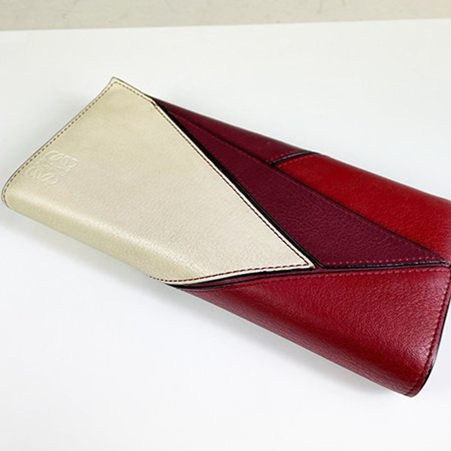 LOEWE棗紅色拚米白小牛皮PUZZLE CONTINENTAL釦式長夾-4