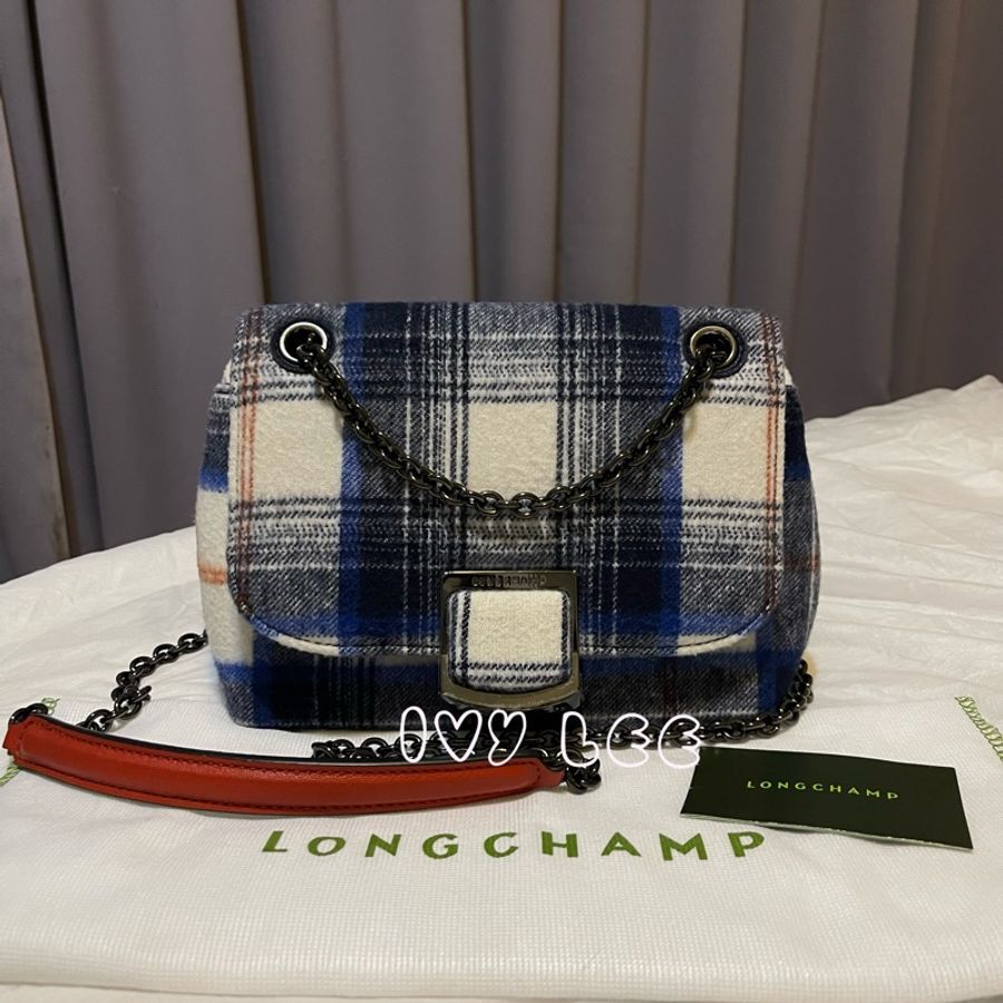 LONGCHAMP藍白色格紋毛呢斜背單肩包Small Brioche Crossbody Bag In Blue二手精品-0