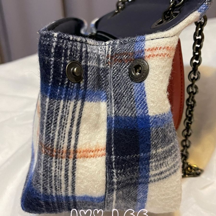 LONGCHAMP藍白色格紋毛呢斜背單肩包Small Brioche Crossbody Bag In Blue二手精品-4