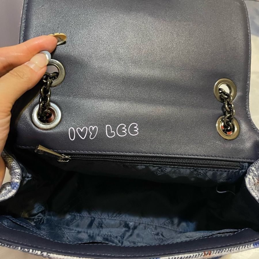 LONGCHAMP藍白色格紋毛呢斜背單肩包Small Brioche Crossbody Bag In Blue二手精品-11