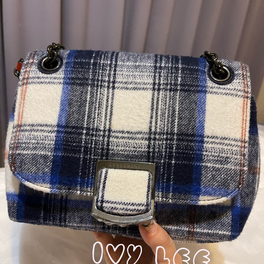 LONGCHAMP藍白色格紋毛呢斜背單肩包Small Brioche Crossbody Bag In Blue二手精品-13
