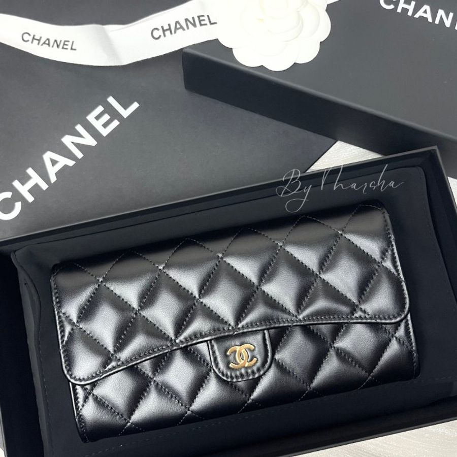 CHANEL CF 經典小羊皮黑金翻蓋長夾-1