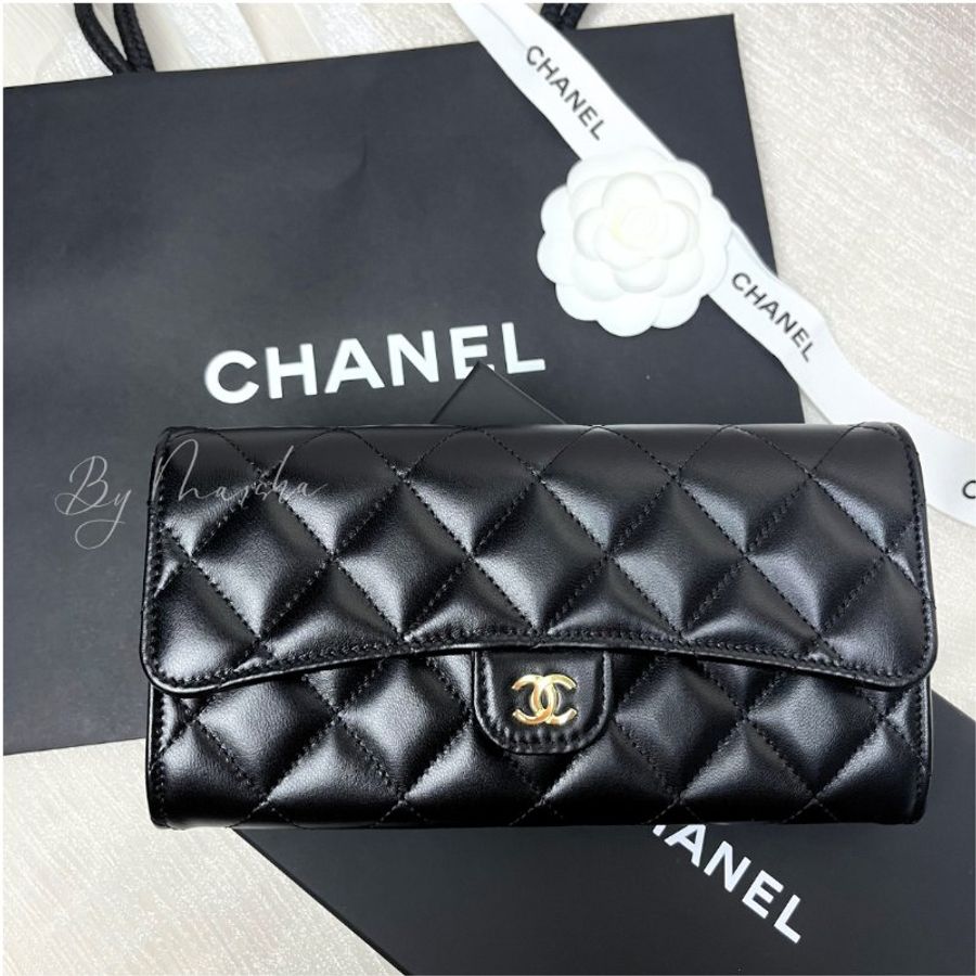 CHANEL CF 經典小羊皮黑金翻蓋長夾-0