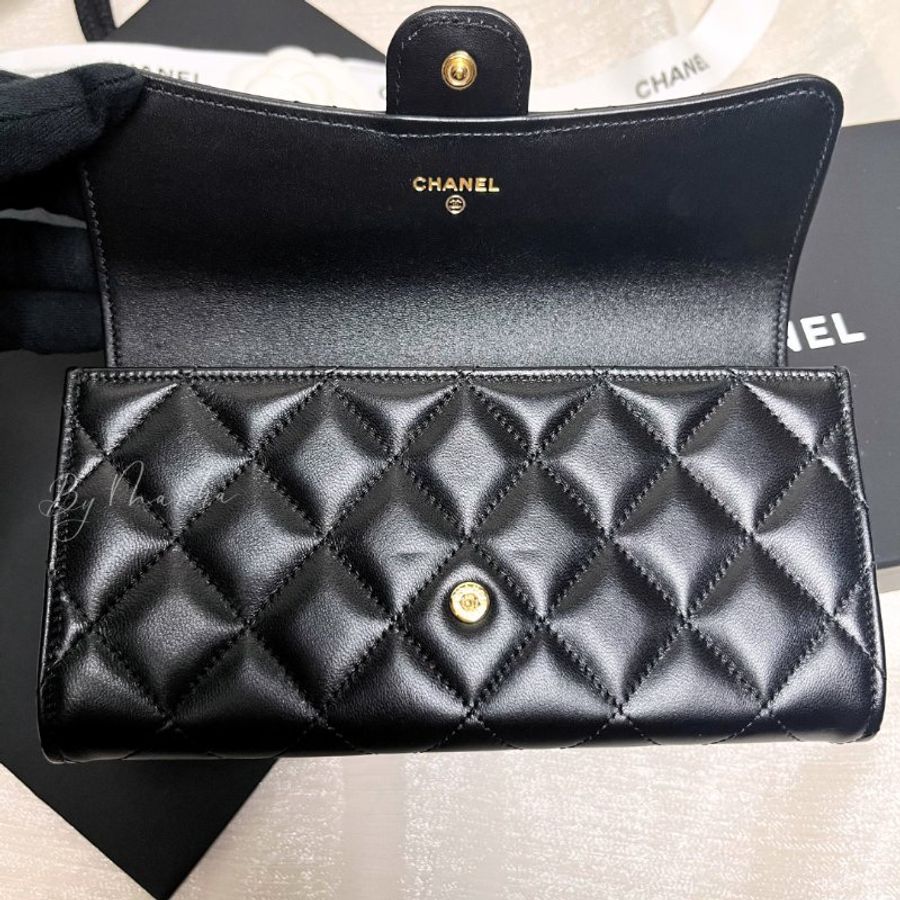 CHANEL CF 經典小羊皮黑金翻蓋長夾-4