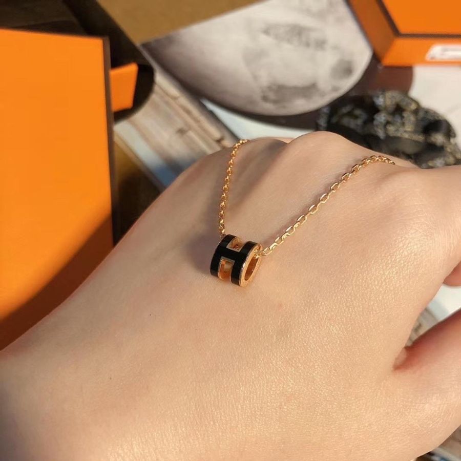Hermès 愛馬仕 Mini Pop H Pendant 經典H立體橢圓簍空項鍊 鎖骨鏈 黑色/玫瑰金-0