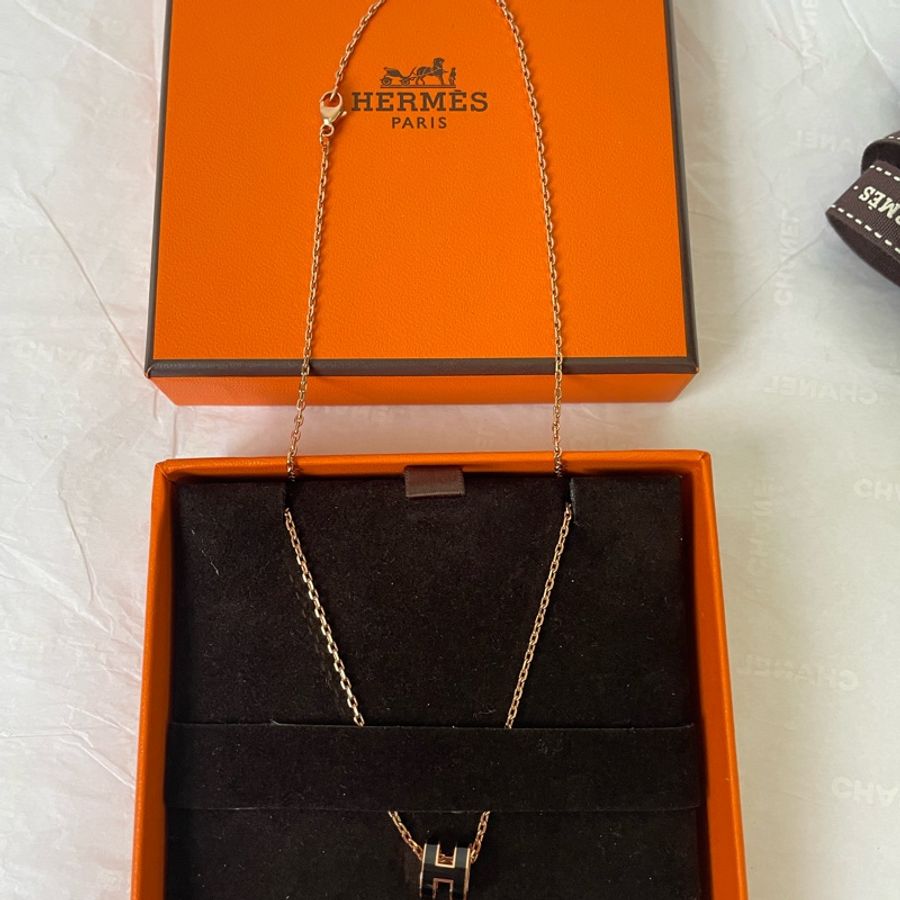 Hermès 愛馬仕 Mini Pop H Pendant 經典H立體橢圓簍空項鍊 鎖骨鏈 黑色/玫瑰金-5