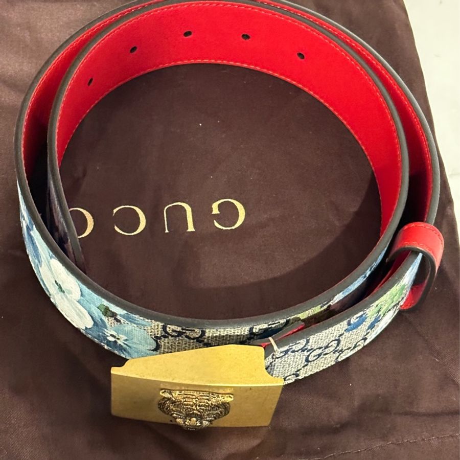 Gucci 虎頭天竺葵花Logo皮帶-5