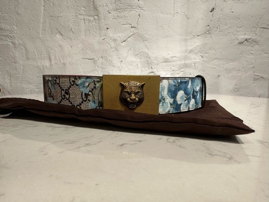Gucci 虎頭天竺葵花Logo皮帶-7