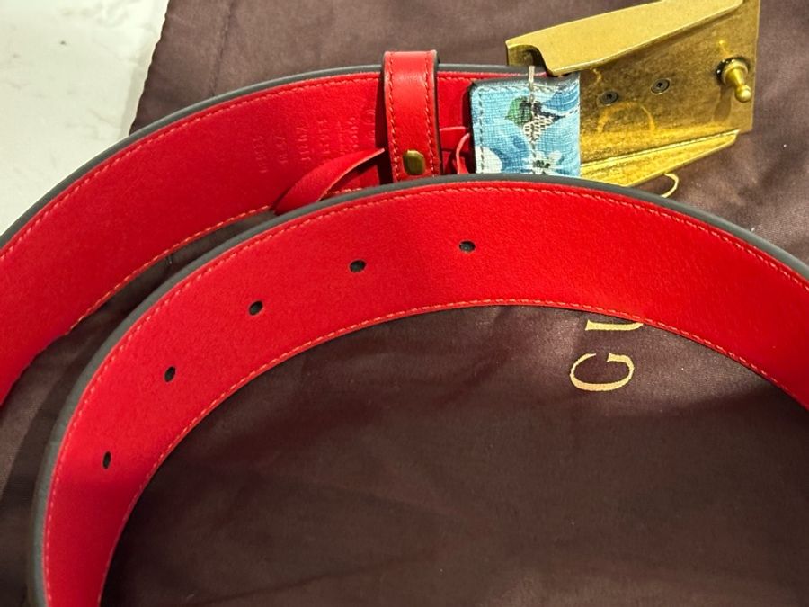 Gucci 虎頭天竺葵花Logo皮帶-9