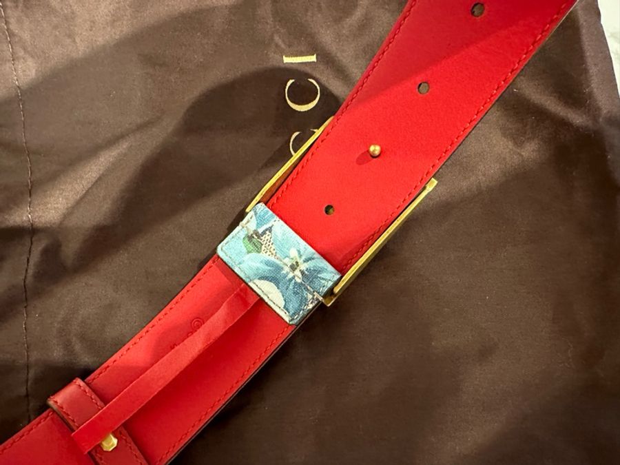 Gucci 虎頭天竺葵花Logo皮帶-12