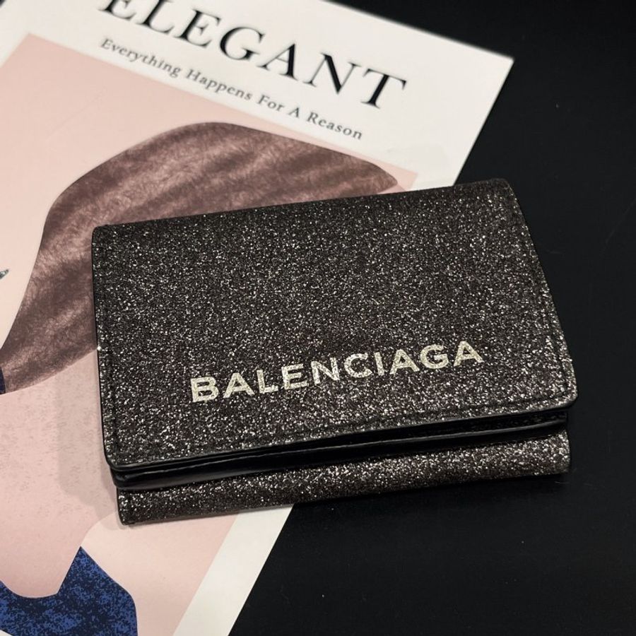 BALENCIAGA 巴黎世家 黑灰色 亮片 雙面三折零錢短夾/皮夾-0