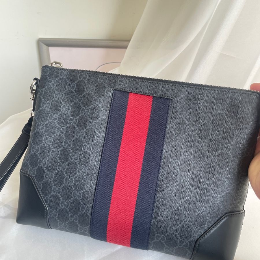 GUCCI supreme藍紅條紋拉鍊手拿包-0