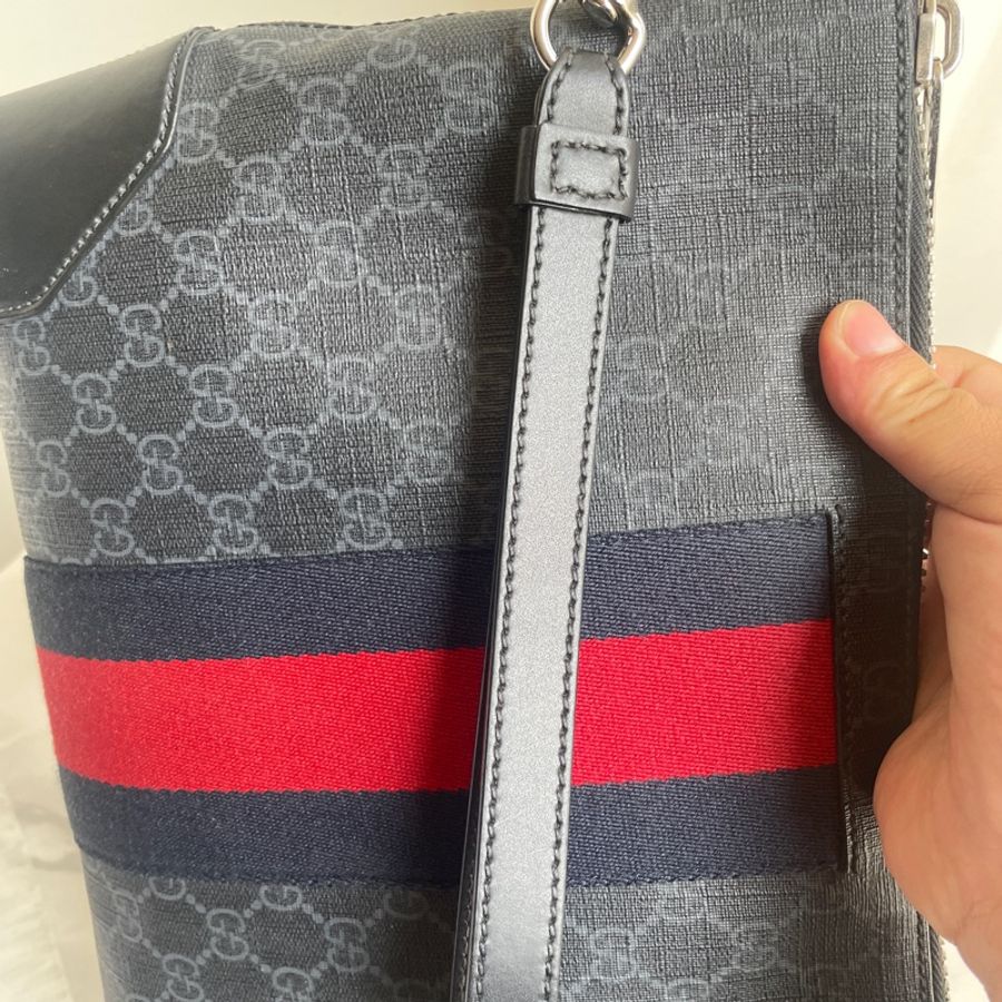 GUCCI supreme藍紅條紋拉鍊手拿包-3