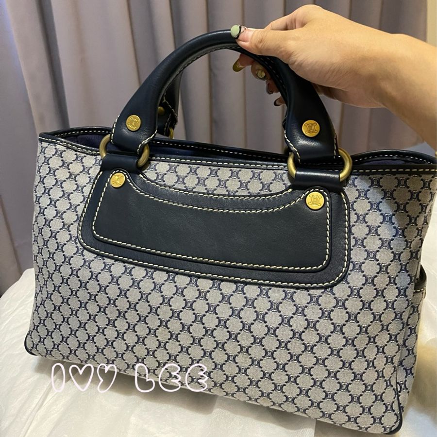 CELINE 手提包 Boogie Bag Macadam海軍藍134022BLA帆布皮革手提包vintage 二手精品-13
