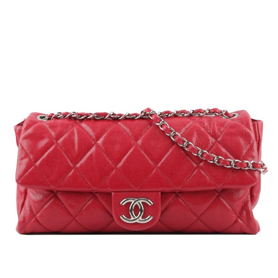 CHANEL 銀色CC Logo 荔枝牛皮大款口蓋包(紅色)-0